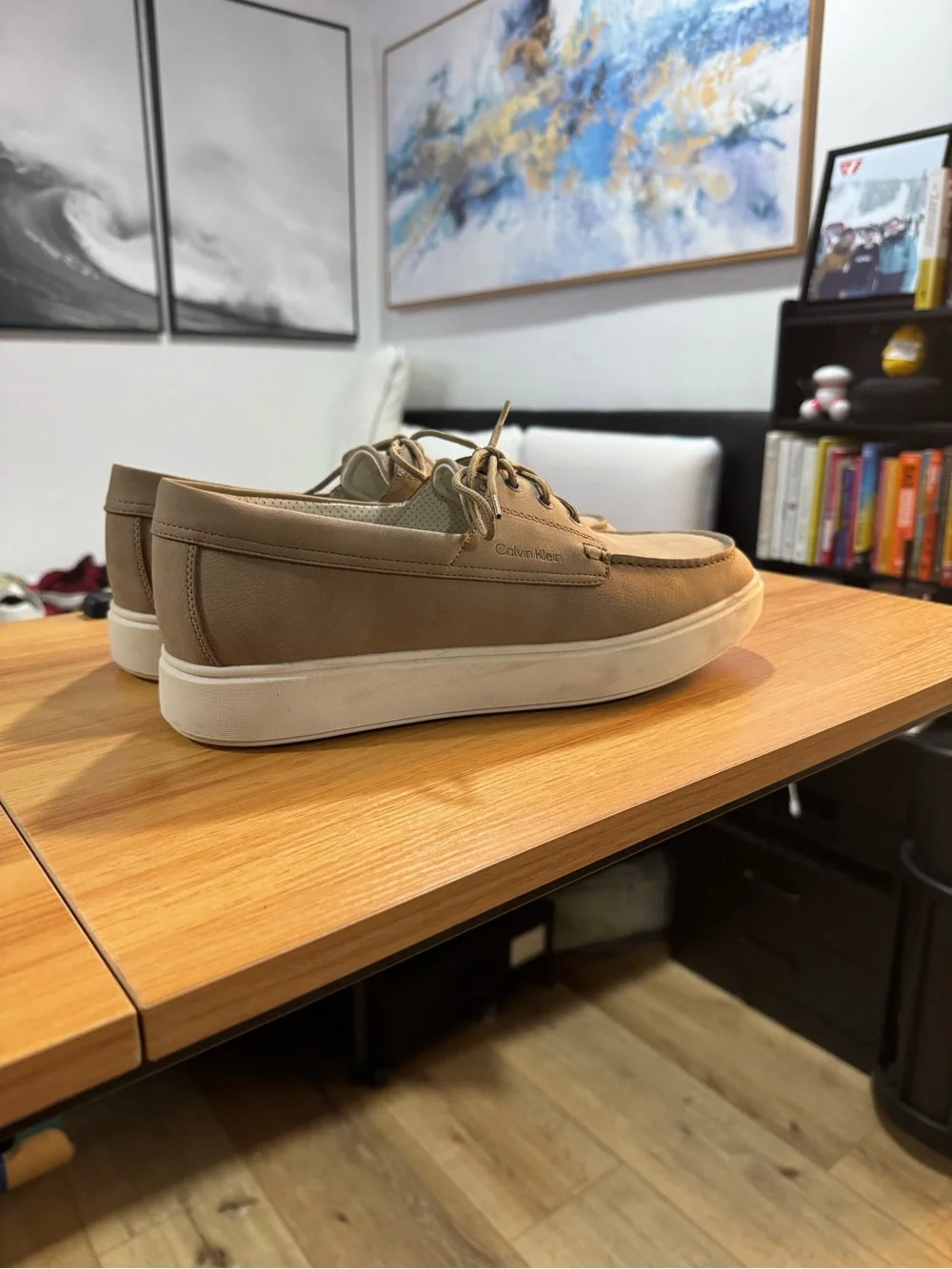 Calvin Klein Men's Taupe Boat Shoes with White Sole